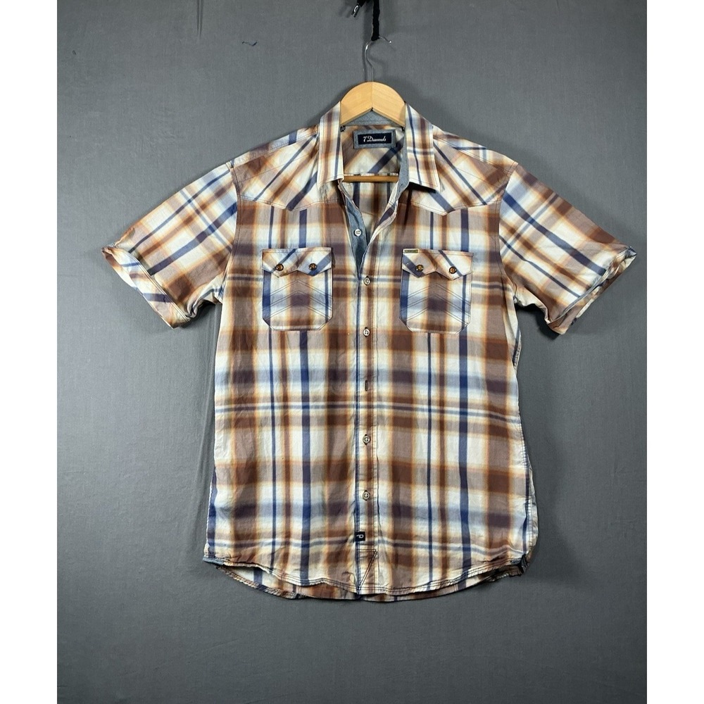 7 Diamonds Men's Medium Button-Up Shirt, Short Sleeve Brown Plaid